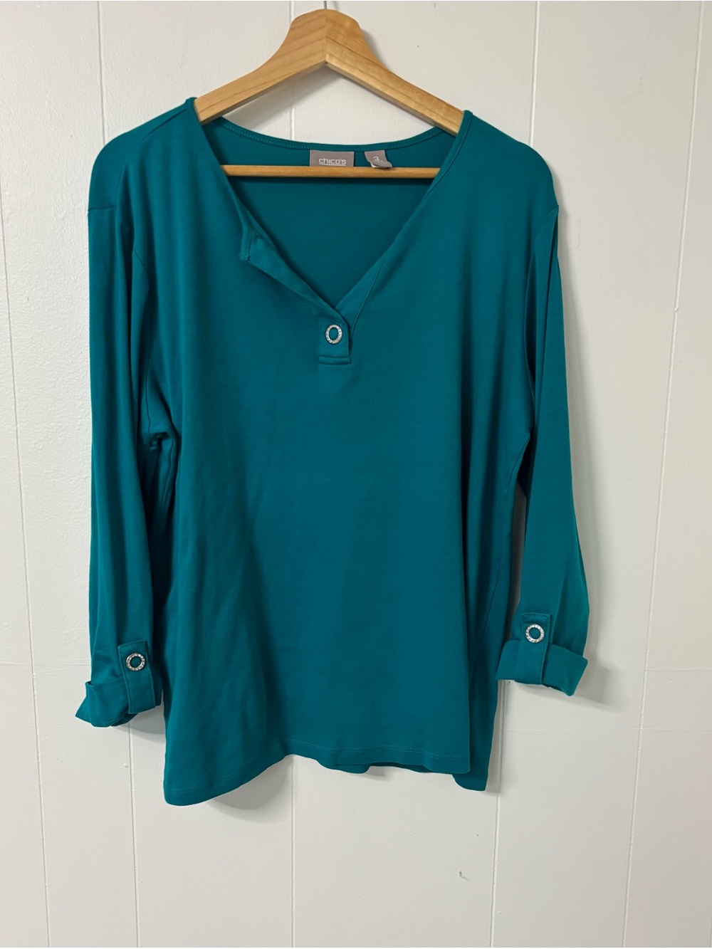 Chico's Teal V-Neck Long Sleeve Top with Button Tabs